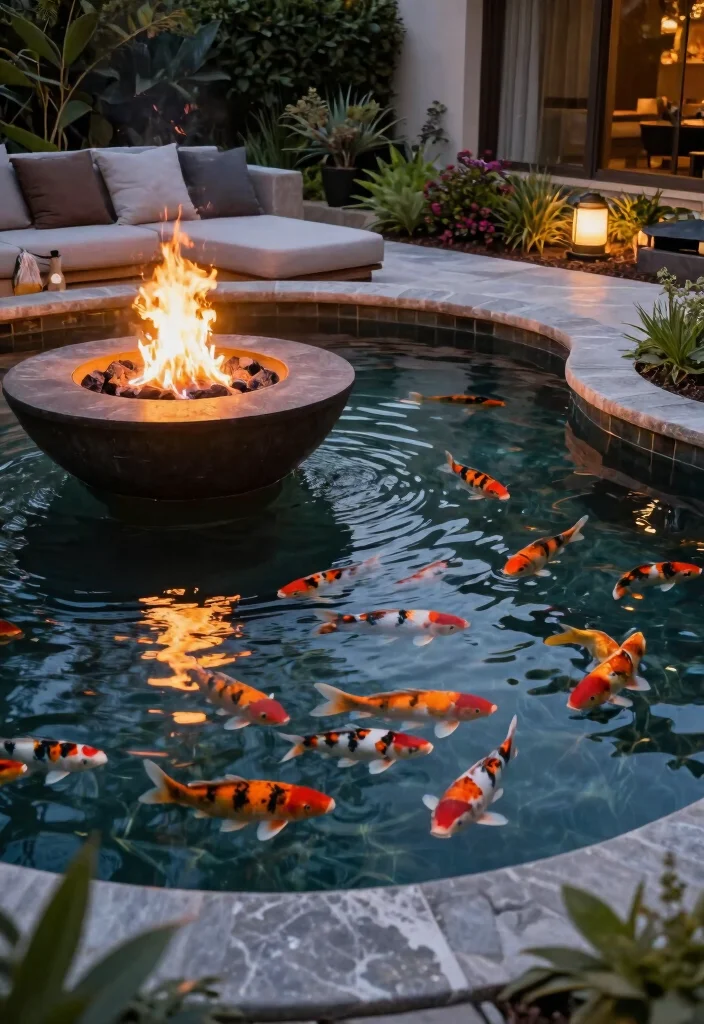 10 Dreamy Koi Pond Garden Ideas for a Zen Sanctuary 10. Integrated Pond with Fire Feature 0