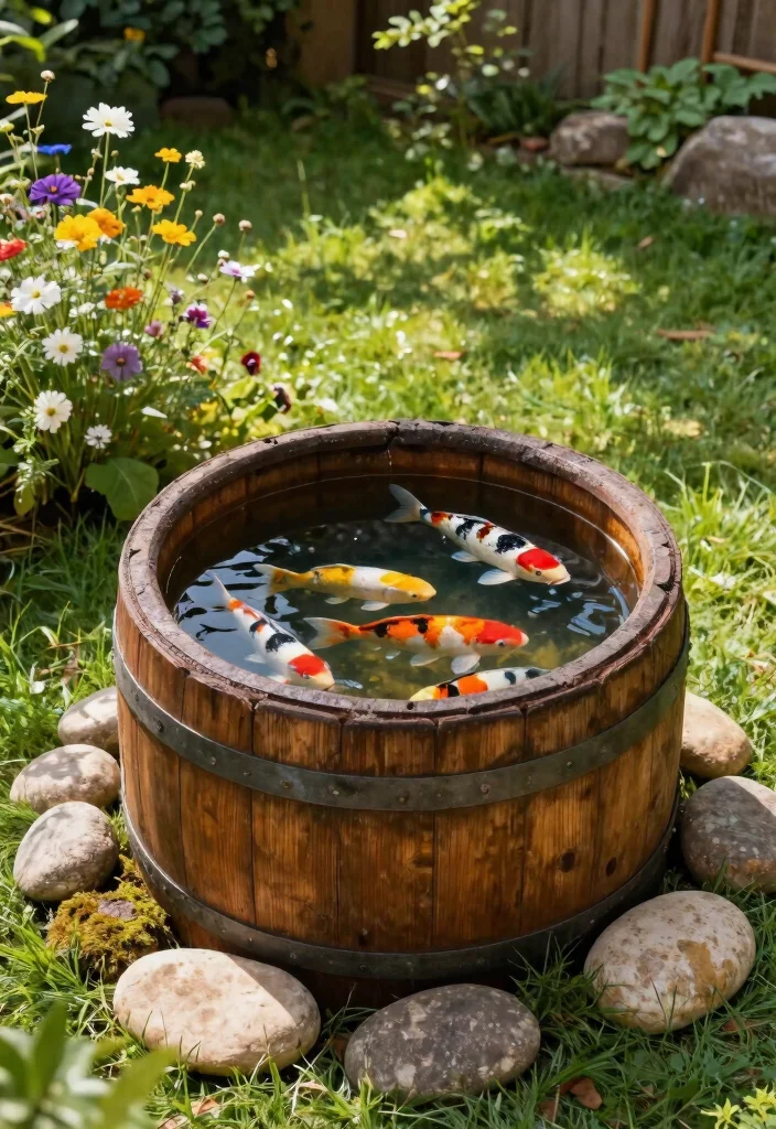 10 Dreamy Koi Pond Garden Ideas for a Zen Sanctuary 2. Rustic Wooden Barrel Pond 0