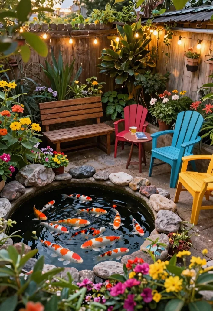 10 Dreamy Koi Pond Garden Ideas for a Zen Sanctuary 6. Container Pond with Seating Area 0