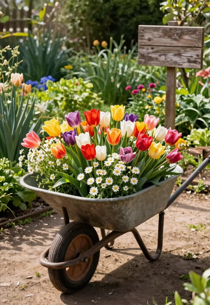 11 Bright Spring Wheelbarrow Ideas with Tulips and Daisies 1. The Classic Tulip Daisy Combo 0