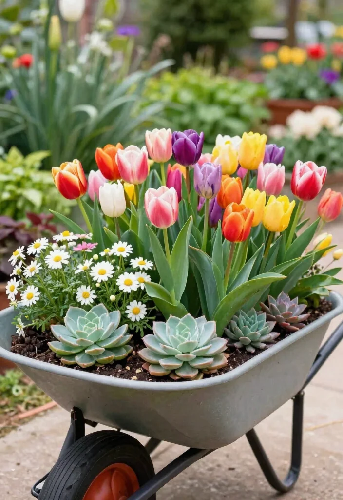 11 Bright Spring Wheelbarrow Ideas with Tulips and Daisies 10. Succulent Flower Wheelbarrow Mix 0
