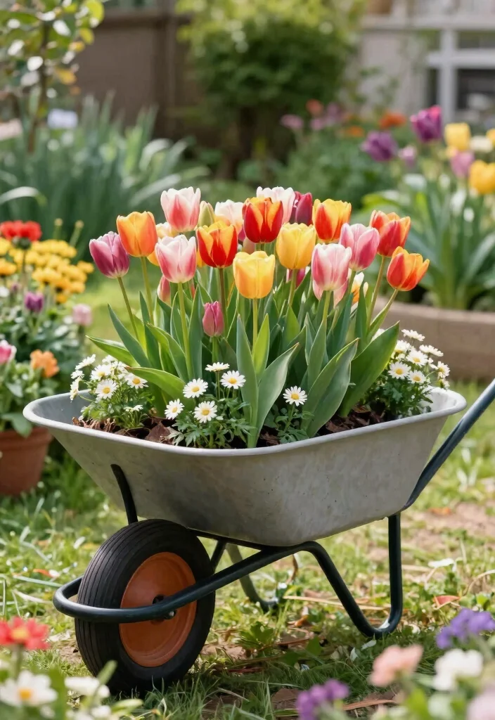 11 Bright Spring Wheelbarrow Ideas with Tulips and Daisies 11. Seasonal Transition Wheelbarrow 0