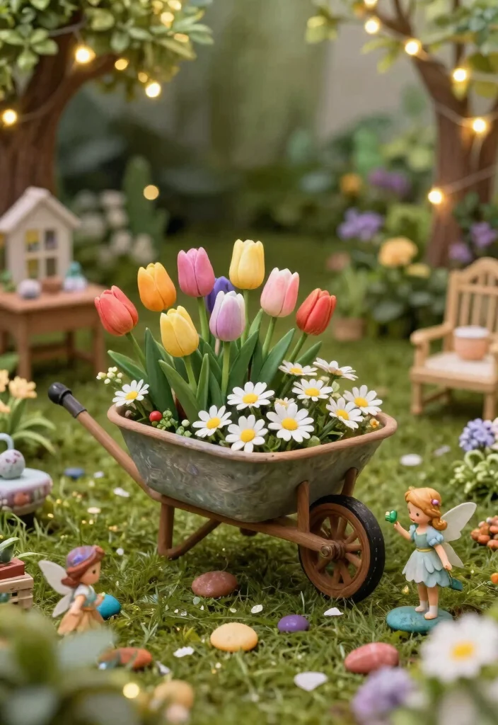 11 Bright Spring Wheelbarrow Ideas with Tulips and Daisies 2. Whimsical Fairy Garden Wheelbarrow 0