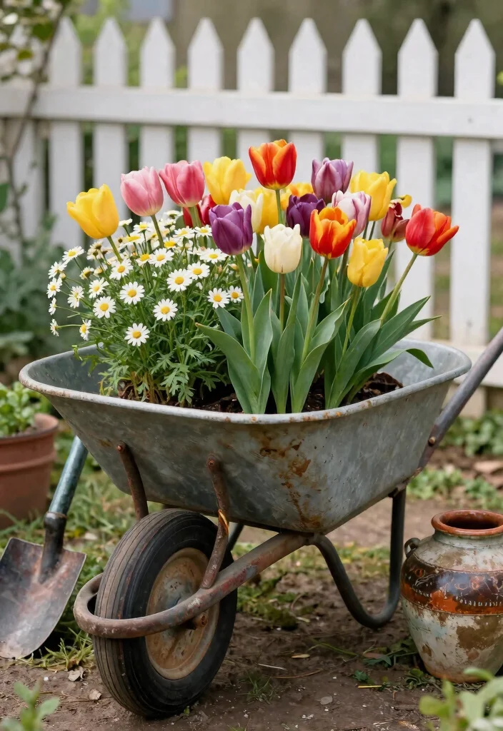 11 Bright Spring Wheelbarrow Ideas with Tulips and Daisies 3. Vintage Wheelbarrow Revival 0