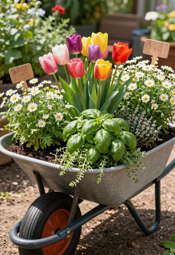 11 Bright Spring Wheelbarrow Ideas with Tulips and Daisies 4. Wheelbarrow Herb and Flower Garden 0
