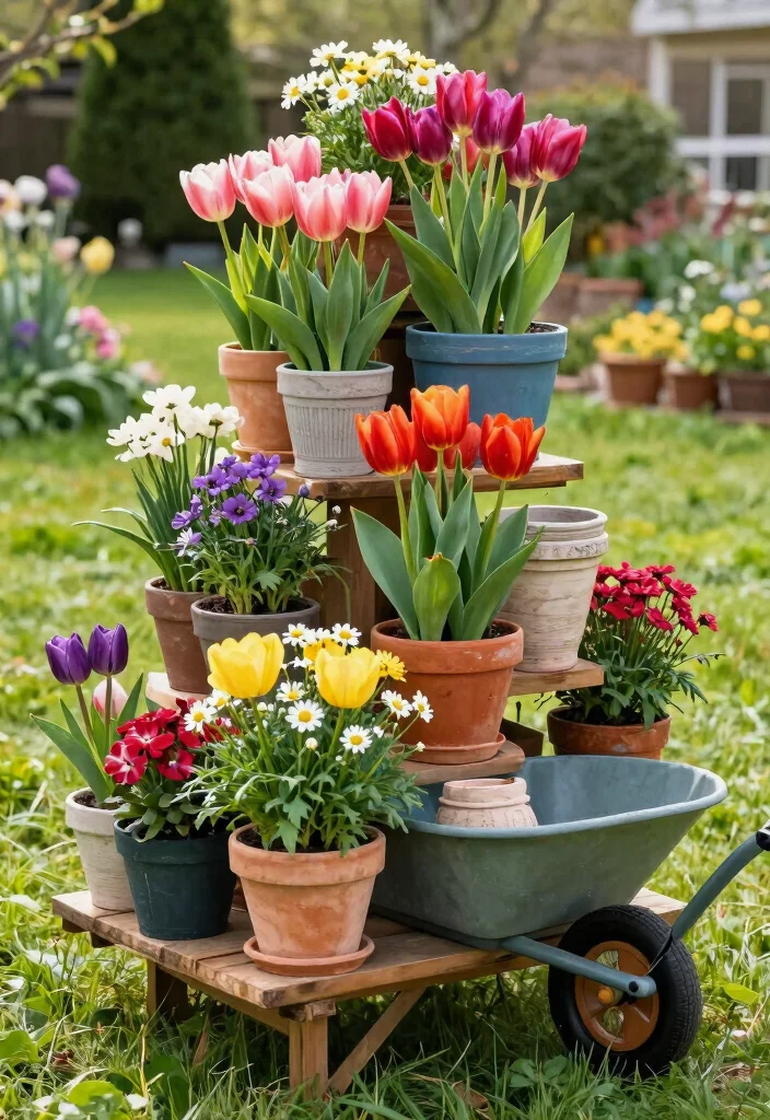 11 Bright Spring Wheelbarrow Ideas with Tulips and Daisies 5. Multi Tiered Wheelbarrow Display 0