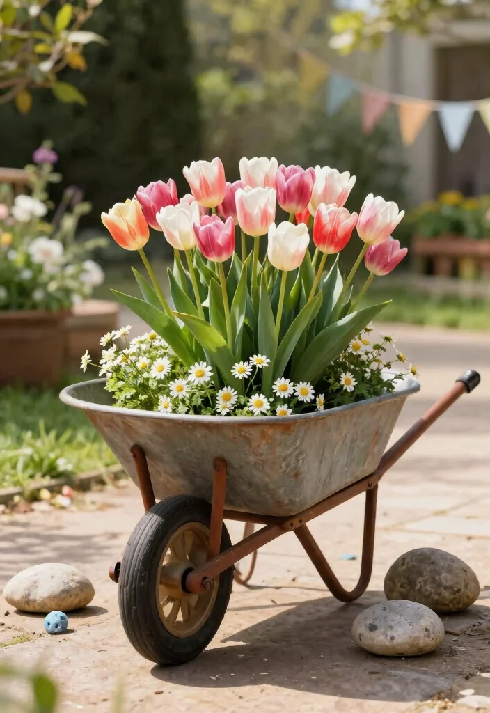 11 Bright Spring Wheelbarrow Ideas with Tulips and Daisies 6. Rustic Wheelbarrow as a Centerpiece 0
