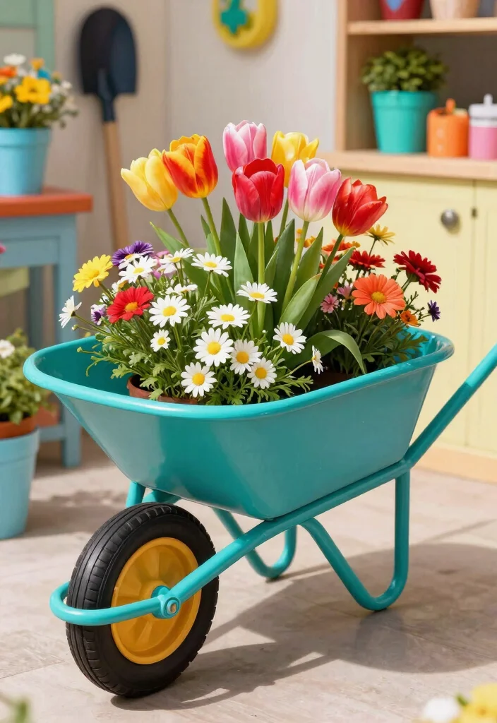 11 Bright Spring Wheelbarrow Ideas with Tulips and Daisies 7. Colorful Wheelbarrow with a Splash of Paint 0