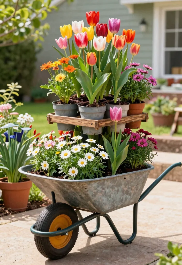 11 Bright Spring Wheelbarrow Ideas with Tulips and Daisies 8. Vertical Wheelbarrow Garden 0