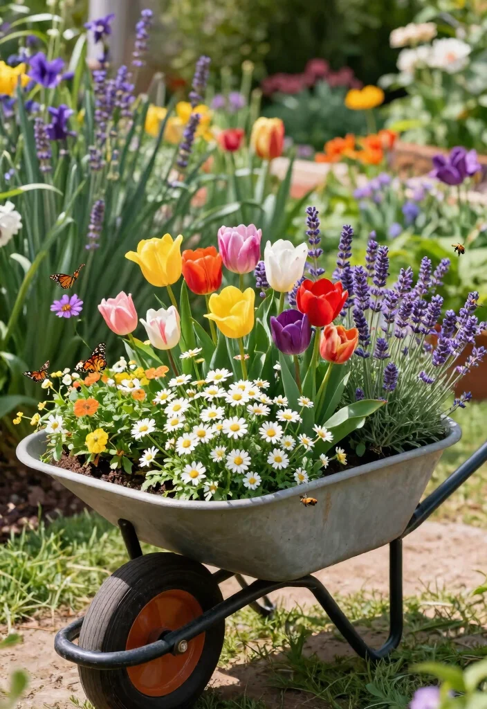 11 Bright Spring Wheelbarrow Ideas with Tulips and Daisies 9. Spring Wheelbarrow for Pollinators 0