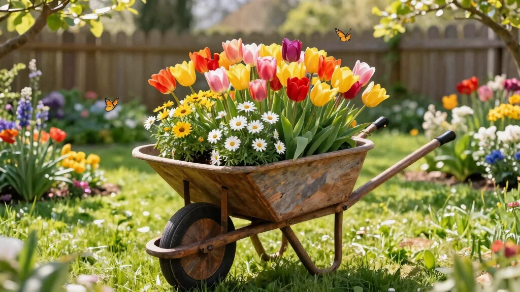 11 Bright Spring Wheelbarrow Ideas with Tulips and Daisies