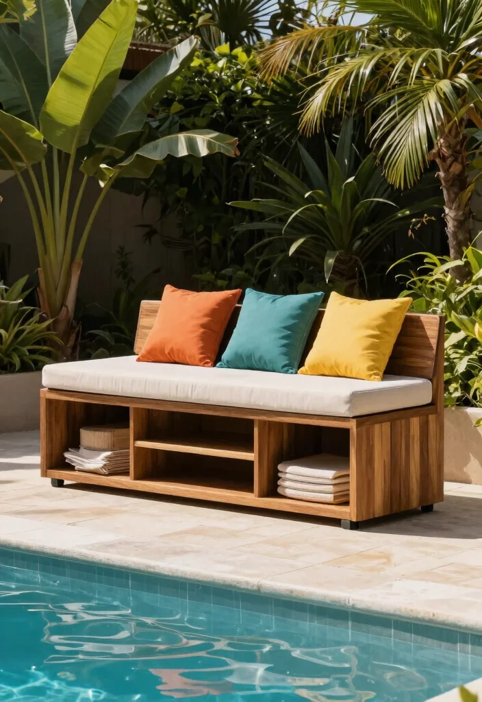 11 Clever Pool Equipment Cover Ideas Hide the Mess 5. Multi Functional Storage Benches 0