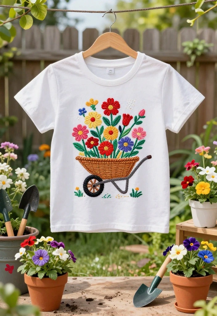 11 Cute Wheelbarrow Embroidery Designs for Crafting 1. Whimsical Wheelbarrow with Flower Patch 0
