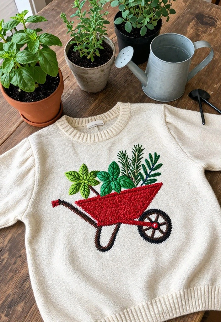 11 Cute Wheelbarrow Embroidery Designs for Crafting 3. Vintage Wheelbarrow with Herbs 0