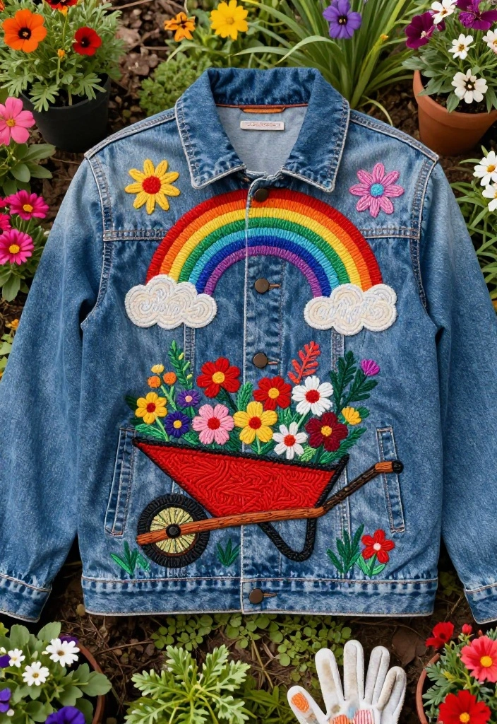 11 Cute Wheelbarrow Embroidery Designs for Crafting 4. Floral Wheelbarrow with a Rainbow 0