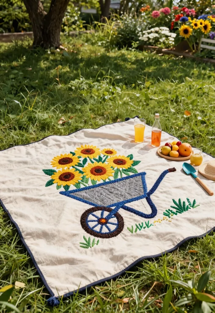 11 Cute Wheelbarrow Embroidery Designs for Crafting 8. Rustic Wheelbarrow with Sunflowers 0