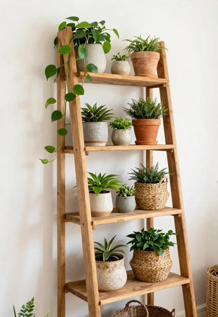11 Dreamy Hanging Plant Shelf Ideas Boho Chic 3. Ladder Shelf Charm 0