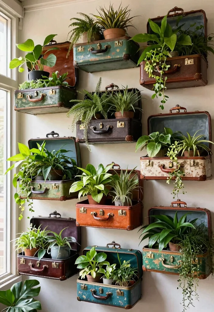 11 Dreamy Hanging Plant Shelf Ideas Boho Chic 5. Vintage Suitcase Garden 0