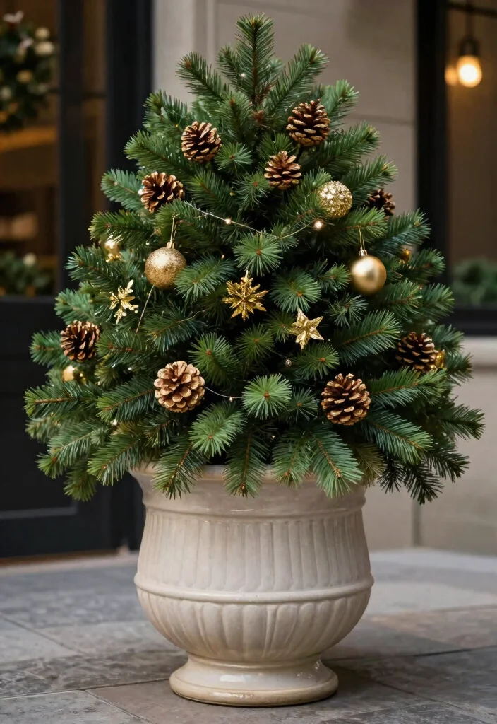 11 Festive Large Outdoor Christmas Planter Ideas 5. Elegant Gold and Green 0