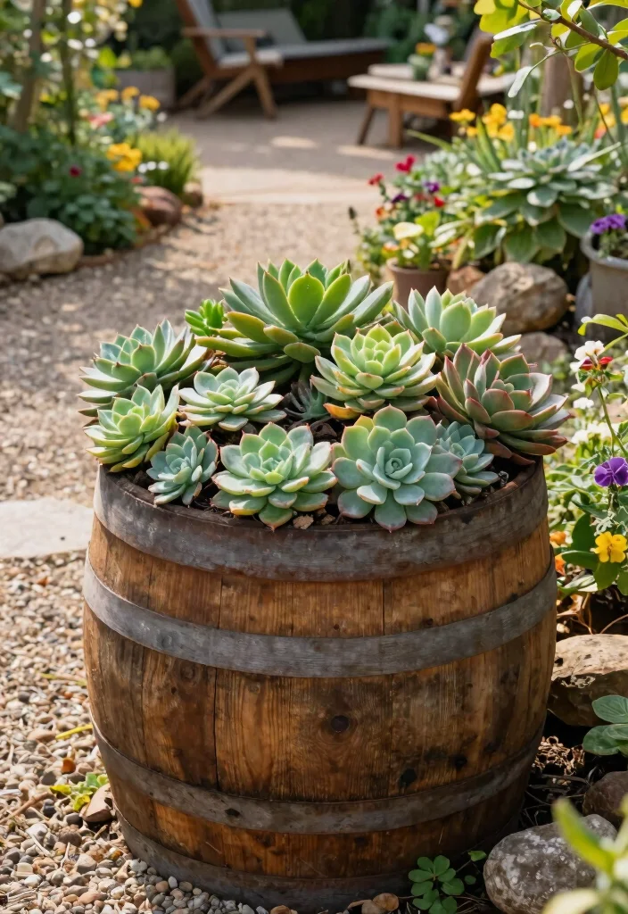 11 Huge Large Succulent Planter Ideas for Outdoor Style 8. Rustic Barrel Planters 0