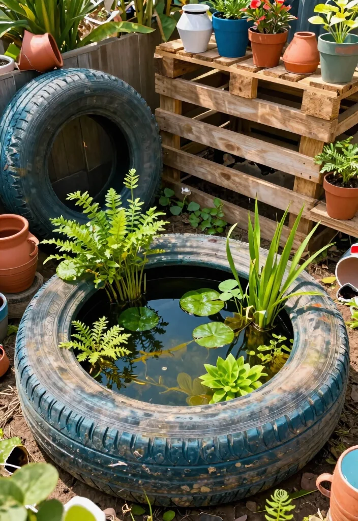 11 Small Pond Ideas DIY Garden Fountains for Tiny Yards 4. Recycled Materials Pond 0
