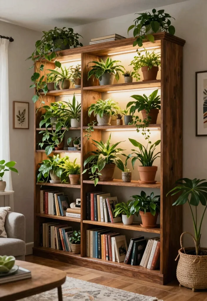 11 Smart Plant Wall Shelf Ideas with Grow Lights 11. Repurposed Furniture as Plant Shelves with Lighting 0