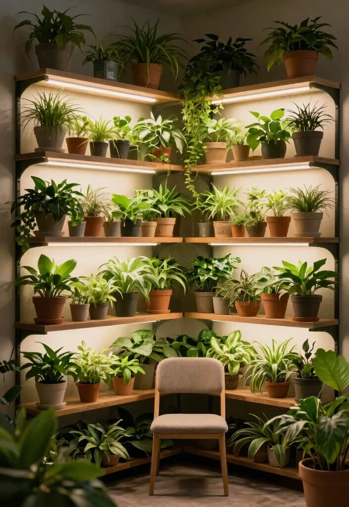 11 Smart Plant Wall Shelf Ideas with Grow Lights 2. Corner Plant Shelves with Bright LEDs 0