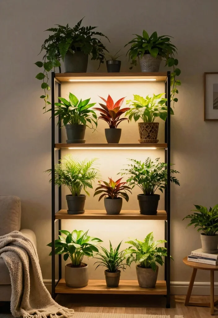 11 Smart Plant Wall Shelf Ideas with Grow Lights 4. Tiered Plant Shelves with Customizable Lighting 0