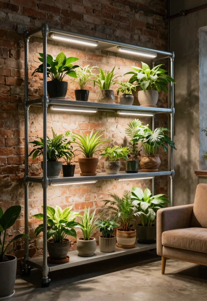 11 Smart Plant Wall Shelf Ideas with Grow Lights 5. Industrial Pipe Shelving with Grow Lights 0