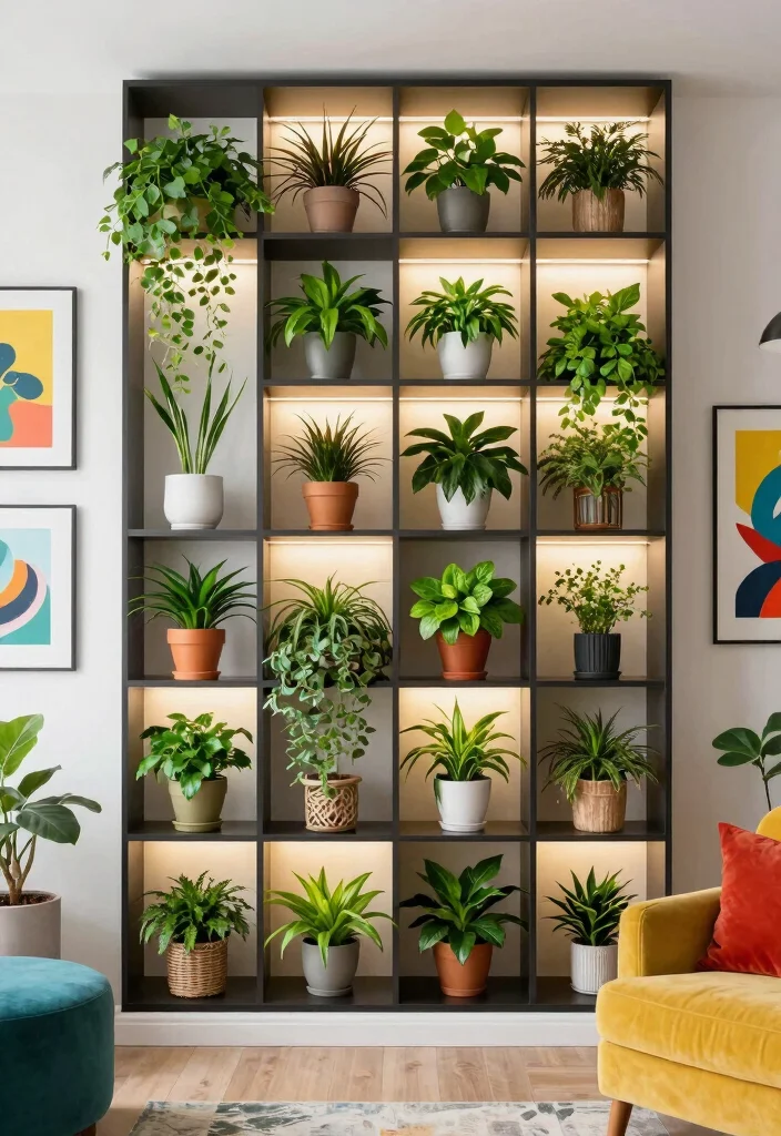 11 Smart Plant Wall Shelf Ideas with Grow Lights 7. Artistic Grid Shelves with LED Lighting 0