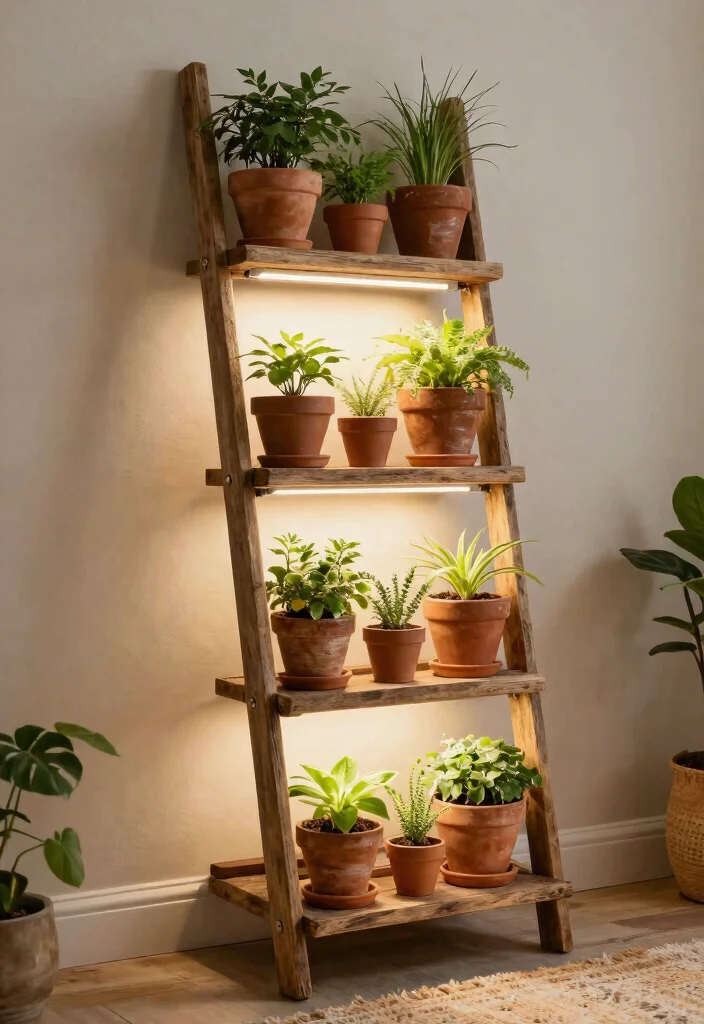 11 Smart Plant Wall Shelf Ideas with Grow Lights 8. Vertical Ladder Planter with Grow Lights 0