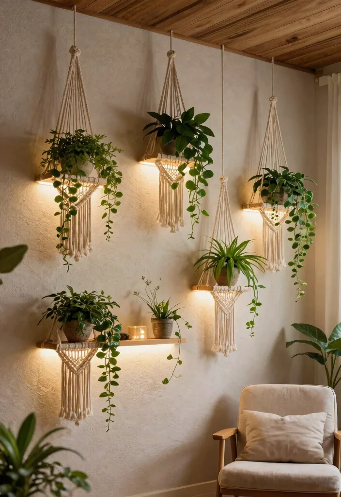 11 Smart Plant Wall Shelf Ideas with Grow Lights 9. Macram Hanging Plant Shelves with Grow Lights 0