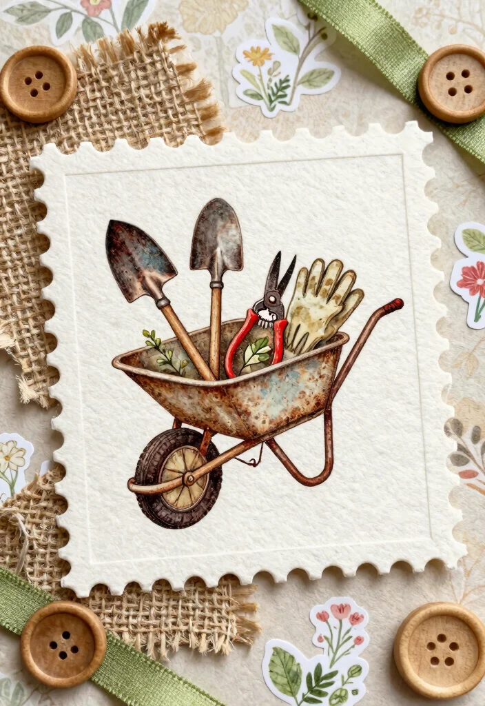 11 Vintage Wheelbarrow Stamp Ideas for Scrapbooking 2. Rustic Wheelbarrow with Gardening Tools 0