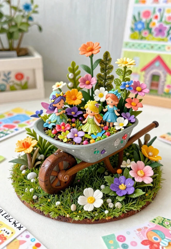 11 Vintage Wheelbarrow Stamp Ideas for Scrapbooking 8. Whimsical Wheelbarrow in a Fairy Garden 0