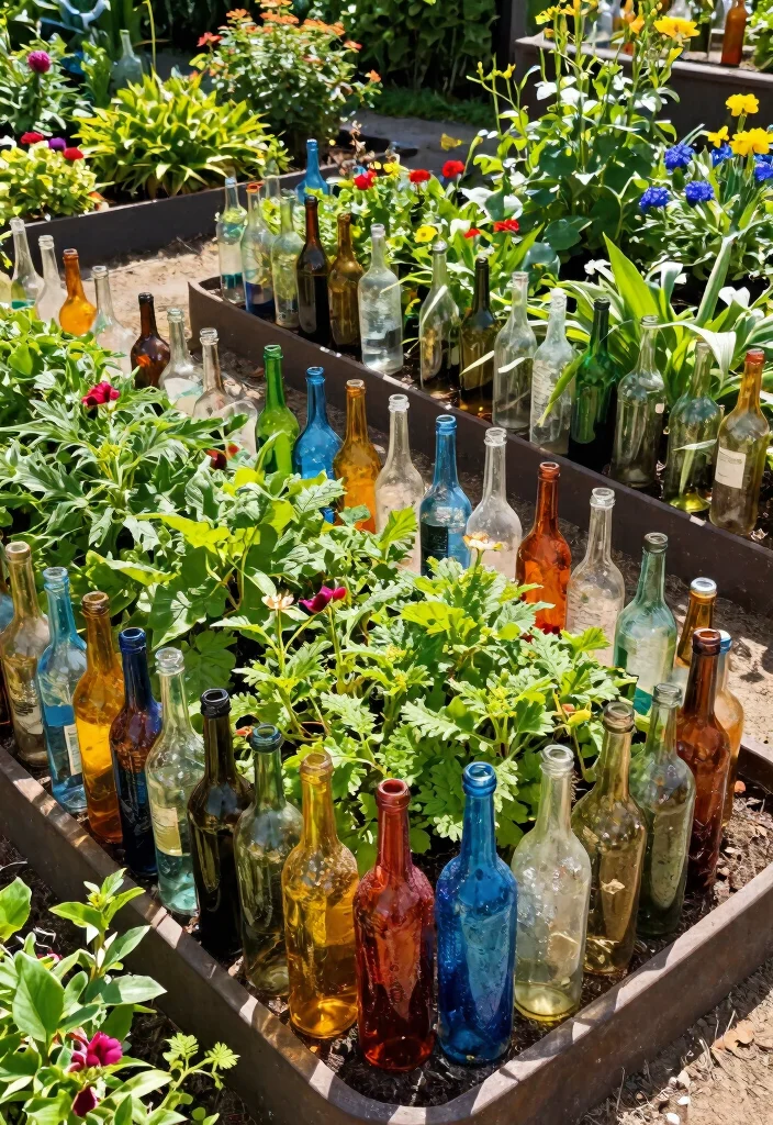 13 Beautiful Raised Garden Bed Edging Ideas for a Clean Look 8. Glass Bottle Edging 0