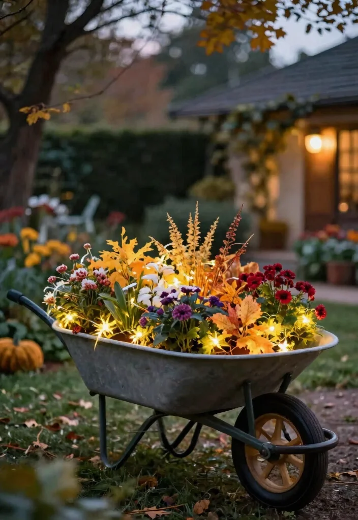 13 Cozy Wheelbarrow Planter Ideas for Fall Season Inspiration 12 13 Cozy Wheelbarrow Planter Ideas for Fall Season Inspiration 12. Twinkling Light Wheelbarrow 0