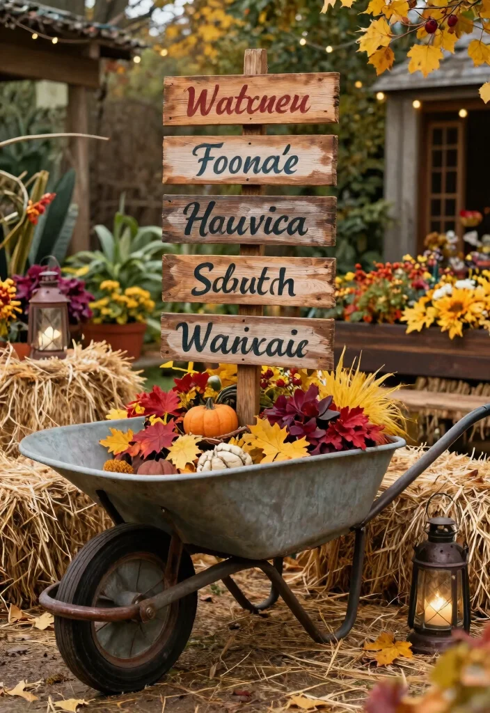 13 Cozy Wheelbarrow Planter Ideas for Fall Season Inspiration 13 13 Cozy Wheelbarrow Planter Ideas for Fall Season Inspiration 13. Vintage Wheelbarrow with Seasonal Signage 0