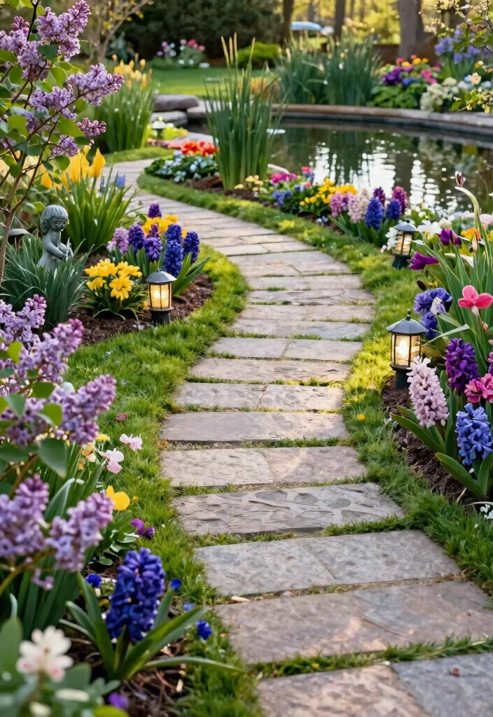 13 Lush Flower Garden with Pond Ideas Spring Blooms 2. Curved Pathways to the Pond 0