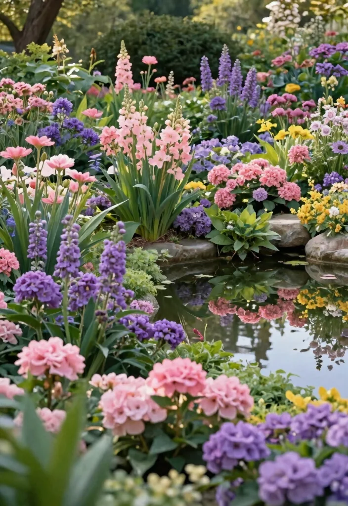 13 Lush Flower Garden with Pond Ideas Spring Blooms 9. Color Themed Garden Designs 0