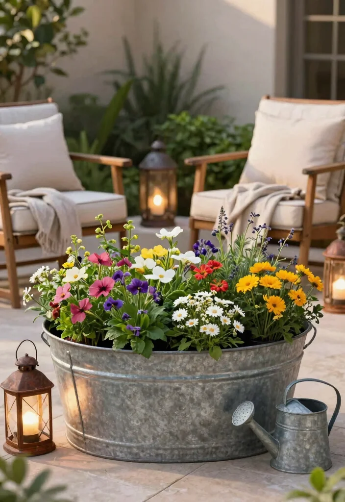 13 Vintage Large Galvanized Tub Planter Ideas Rustic 5. Cozy Patio Display 0