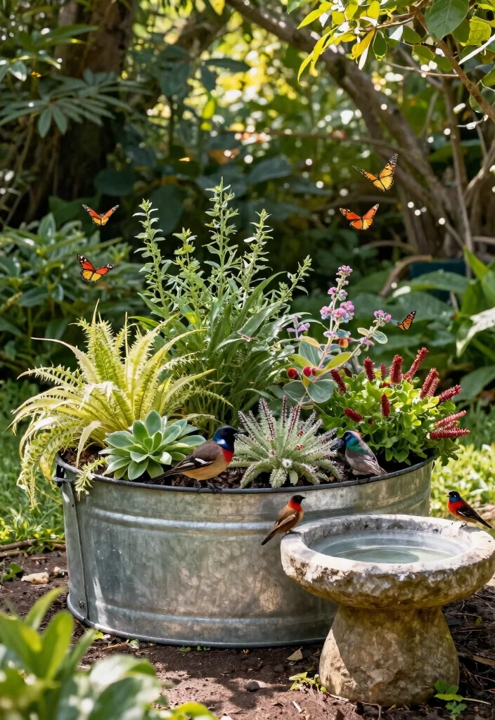13 Vintage Large Galvanized Tub Planter Ideas Rustic 6. Bird Friendly Oasis 0