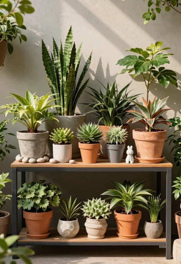 15 Best Outdoor Plant Shelf Ideas for Patios and Balconies 15. Decorative Plant Shelf Arrangements 0