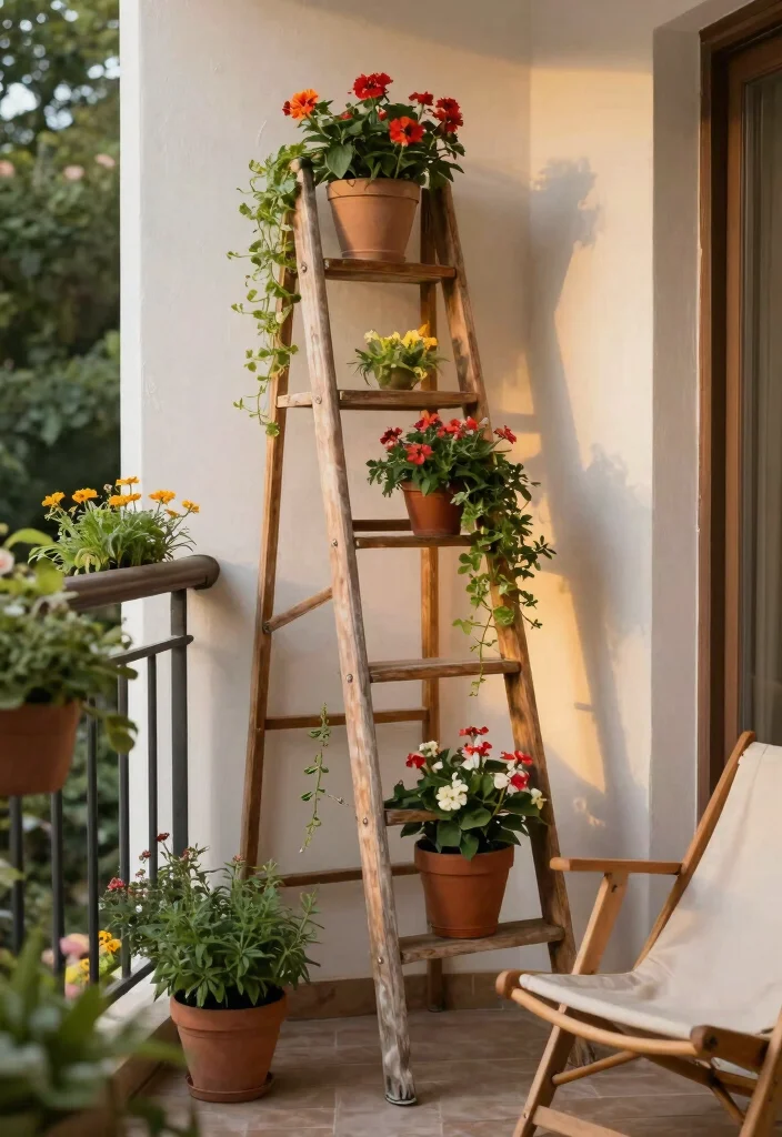 15 Best Outdoor Plant Shelf Ideas for Patios and Balconies 2. Ladder Plant Display 0