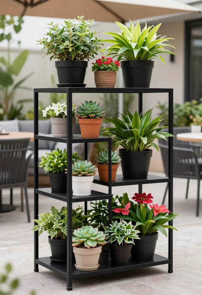15 Best Outdoor Plant Shelf Ideas for Patios and Balconies 6. Stylish Metal Racks 0