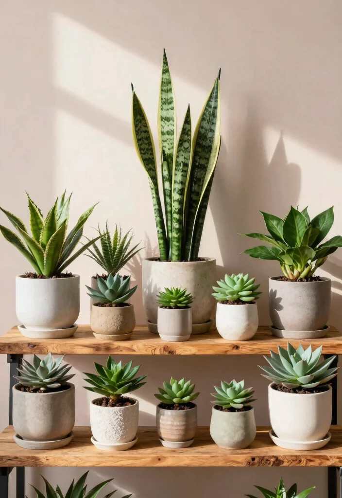 15 Best Ways to Display Indoor Plant Collection on Shelf 1. Layering Heights for a Dynamic Look 0