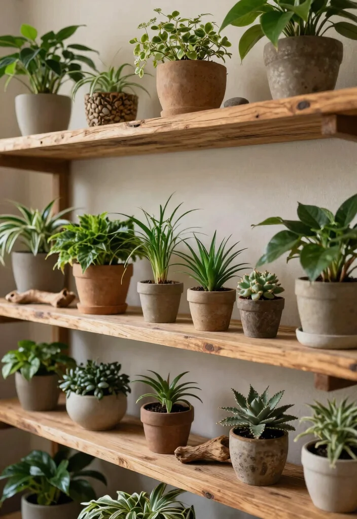 15 Best Ways to Display Indoor Plant Collection on Shelf 12. Use Natural Elements 0