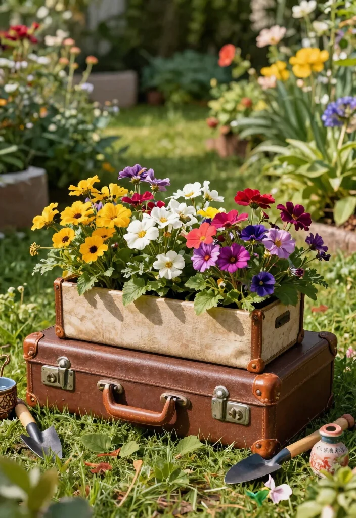 15 DIY Large Planter Box Ideas Build It Yourself 12. Vintage Suitcase Planters 0