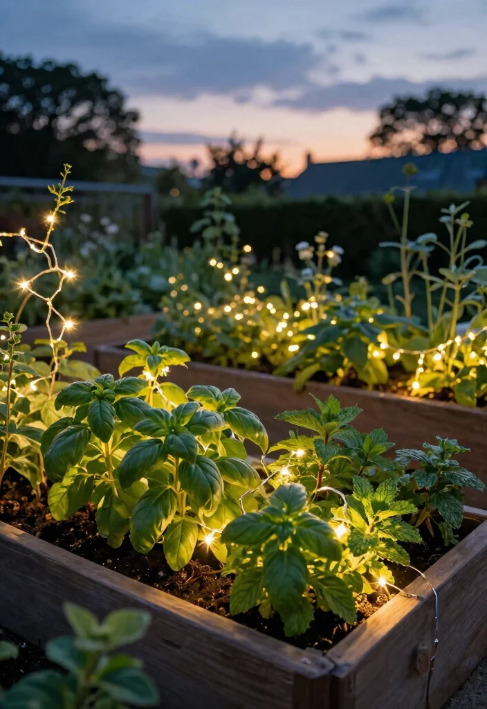 15 Fragrant Raised Bed Herb Garden Ideas Near Your Kitchen 11. Herb Garden with Fairy Lights 0