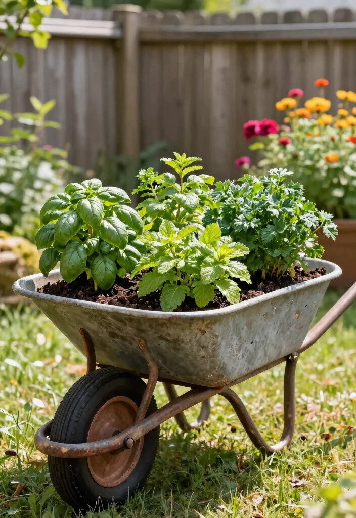15 Fragrant Raised Bed Herb Garden Ideas Near Your Kitchen 7. Herb Garden in a Wheelbarrow 0
