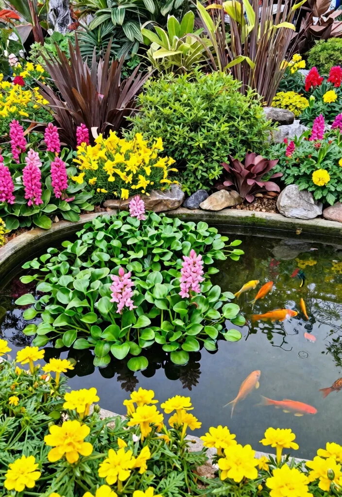 15 Most Relaxing Garden Pond Inspiration Layouts 11. Colorful Aquatic Garden 0